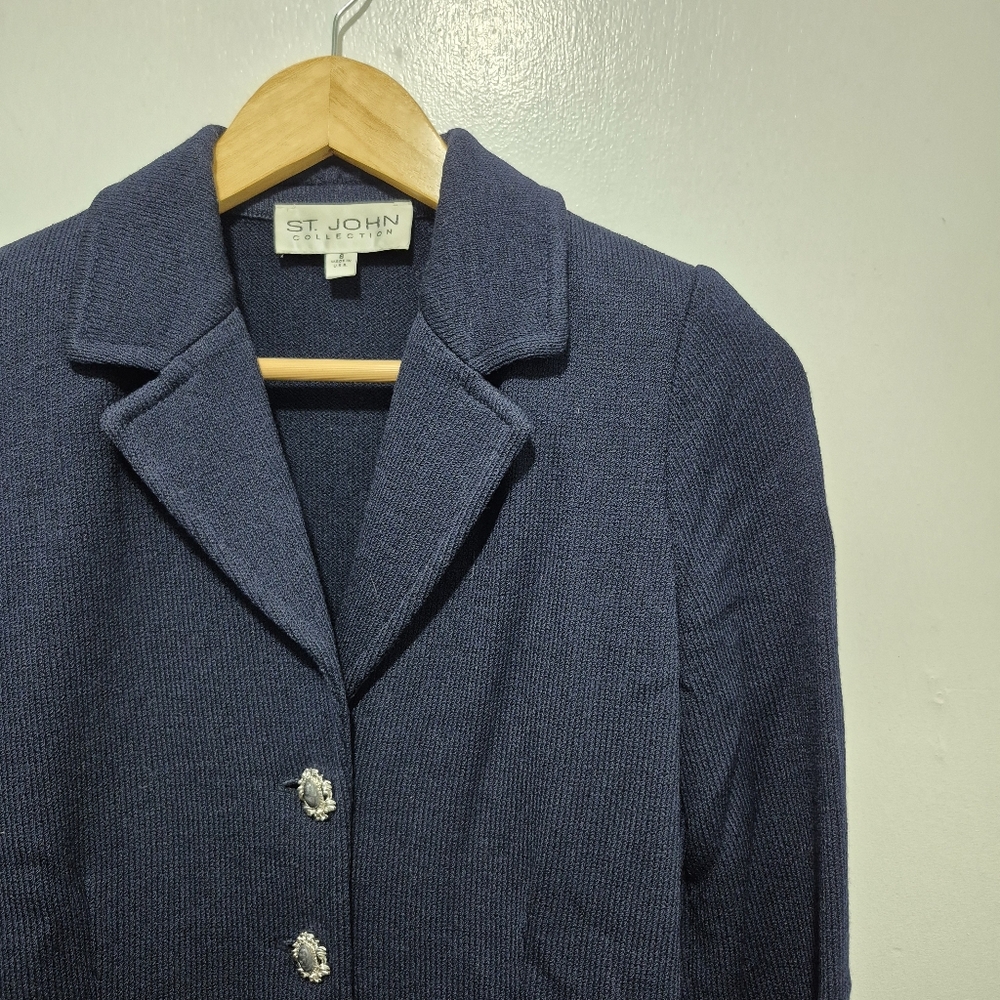 St John Santana Knit Structured Blazer SIZE 6 VTG Navy Horsebit Old Money Luxury